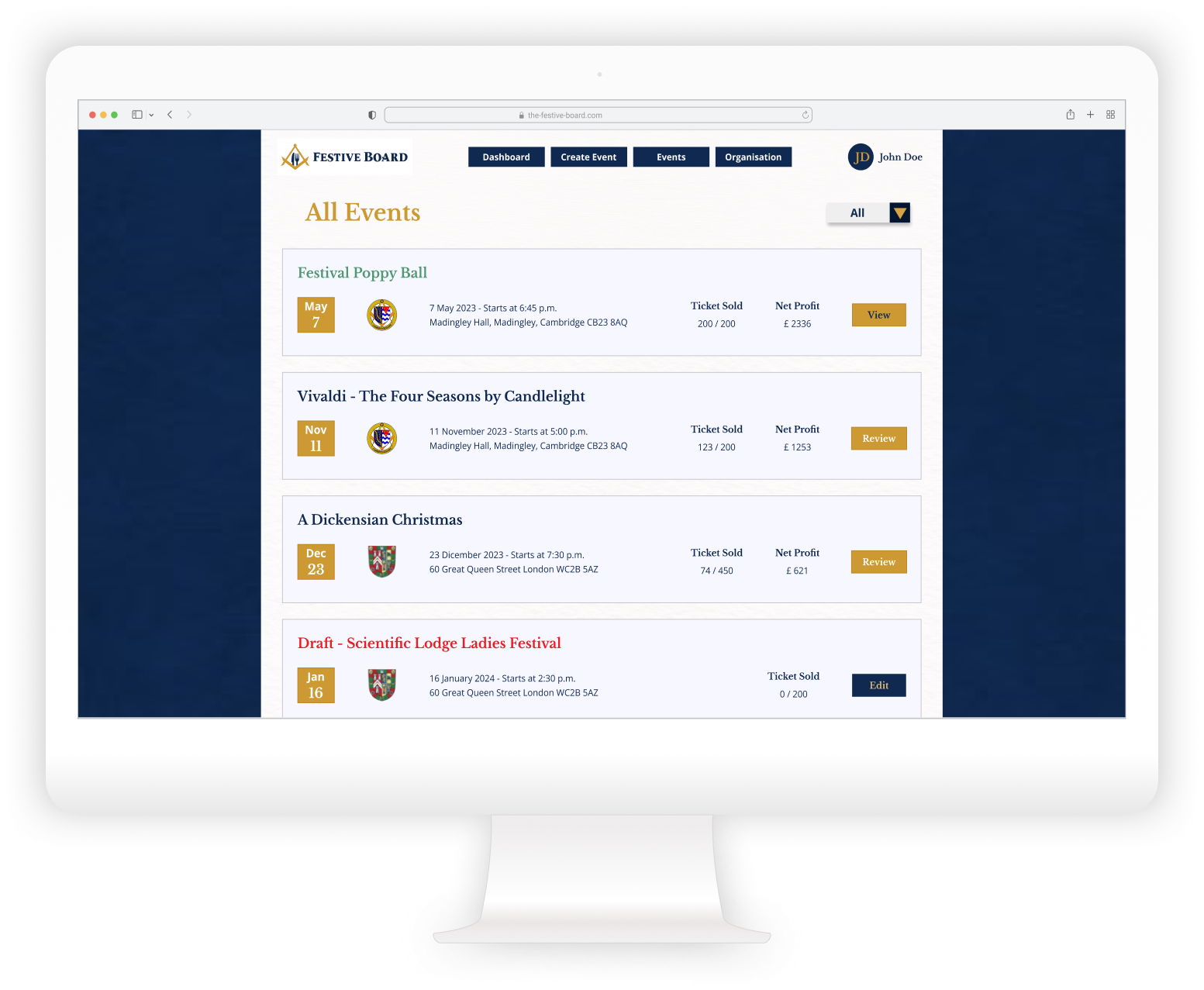 The Festive Board event management dashboard on a computer screen