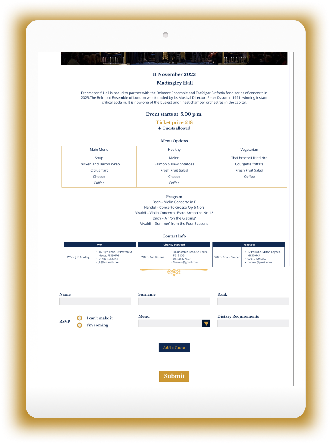 The Festive Board event management dashboard on a tablet